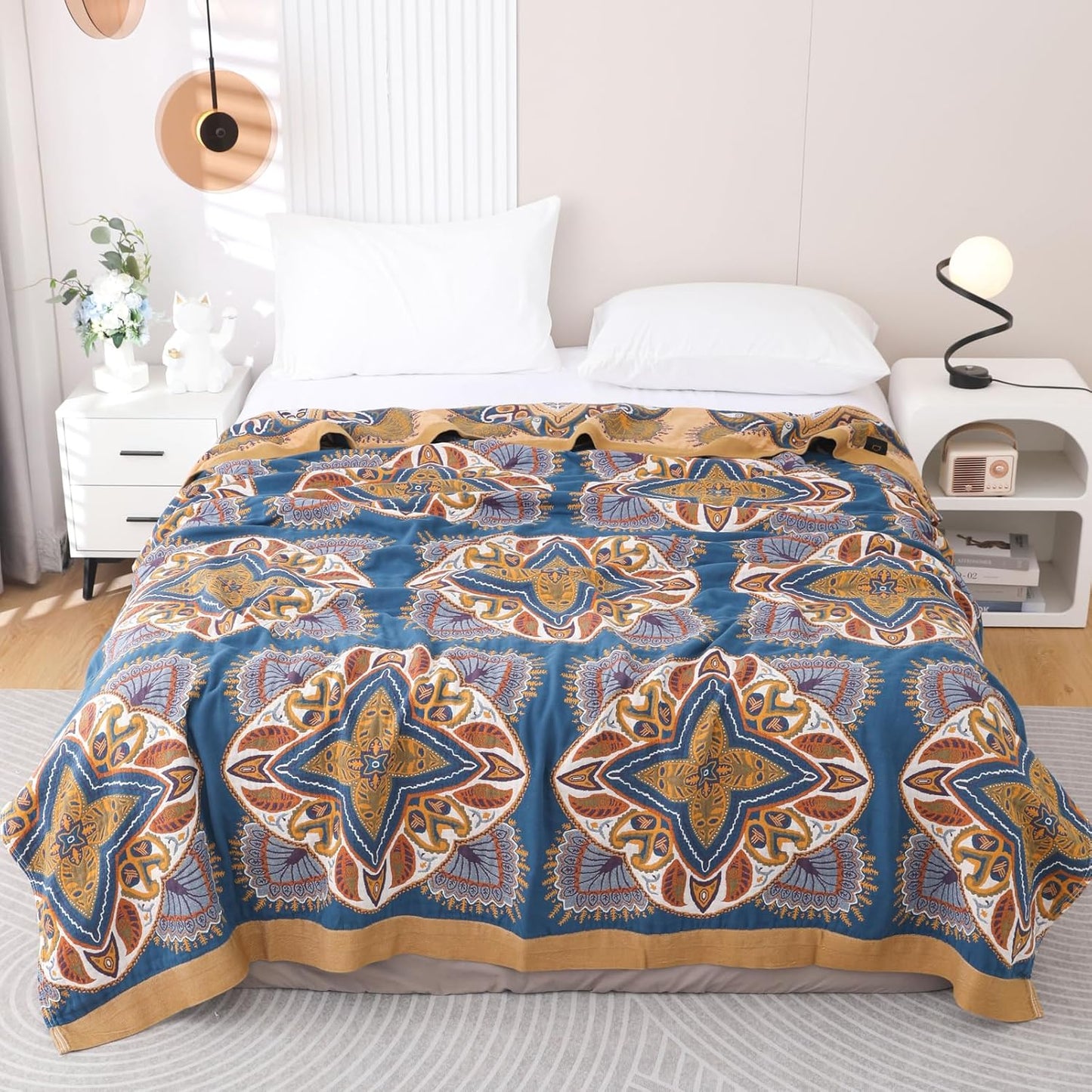 Snycler Boho Throw Blanket for Bed - 100% Cotton Ultra Soft Rustic Quilt Blanket Orange Green
