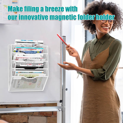 5-Tier Magnetic File Organizer, No Drilling Installation, White Magnetic Paper Holder, Magazine
