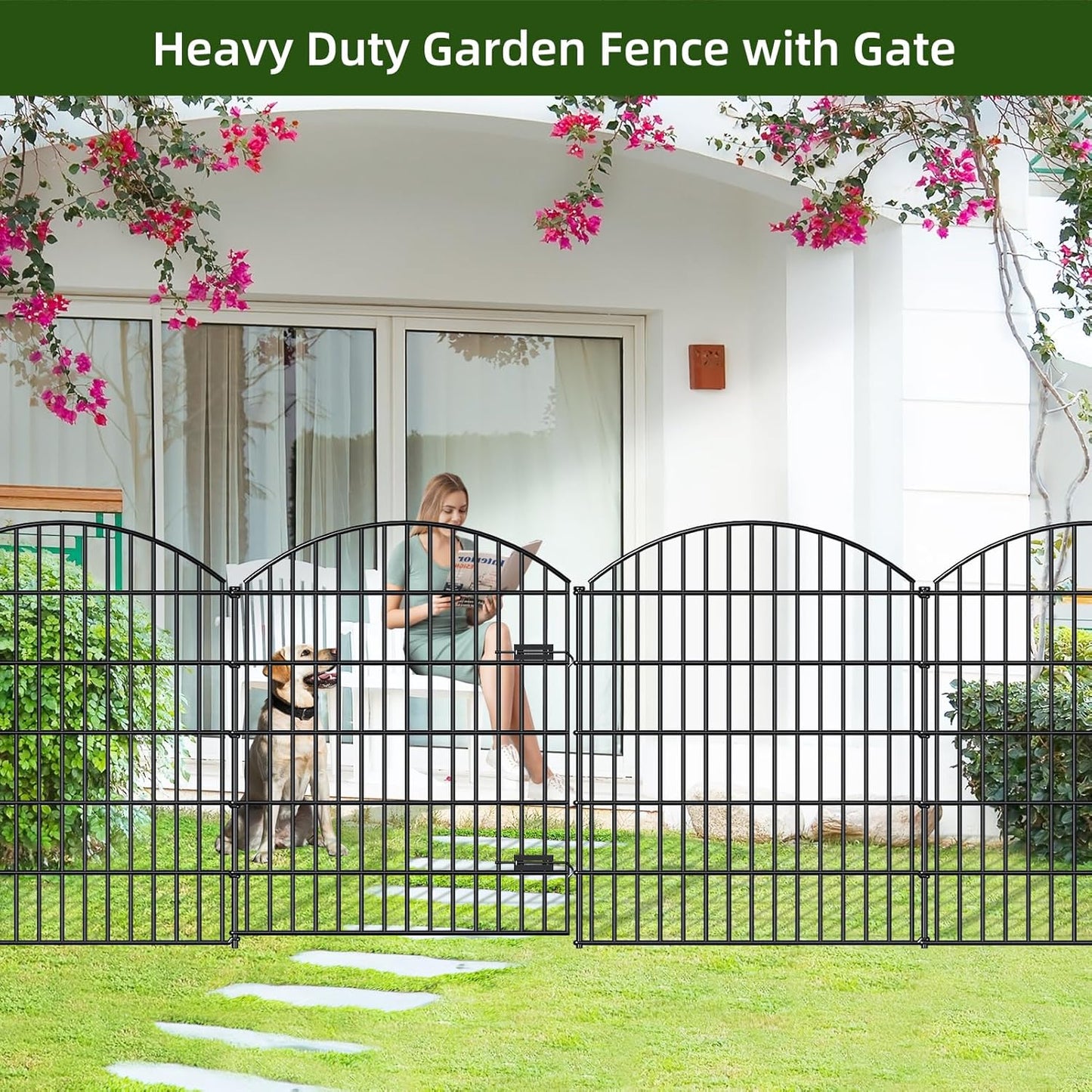 Metal Garden Gate and Fences Outdoor ECG1191, 1 Gate + 4 Fence Panels,43.2in Tall and Total Length