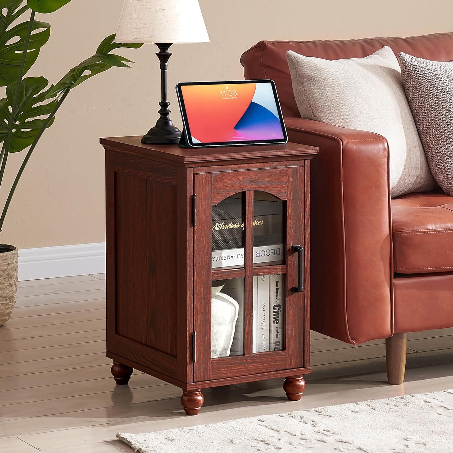 Narrow Side Table,Farmhouse Nightstand with Charging Station,Wood End Table with Glass Barn Door