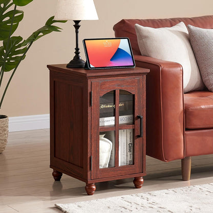 Narrow Side Table Set of 2,Farmhouse Nightstand with Charging Station,End Table with Glass Barn