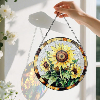 Sunflower Stained Glass Suncatcher, Stained Glass Window Hanging, 8 Inch Sunflower Suncatcher