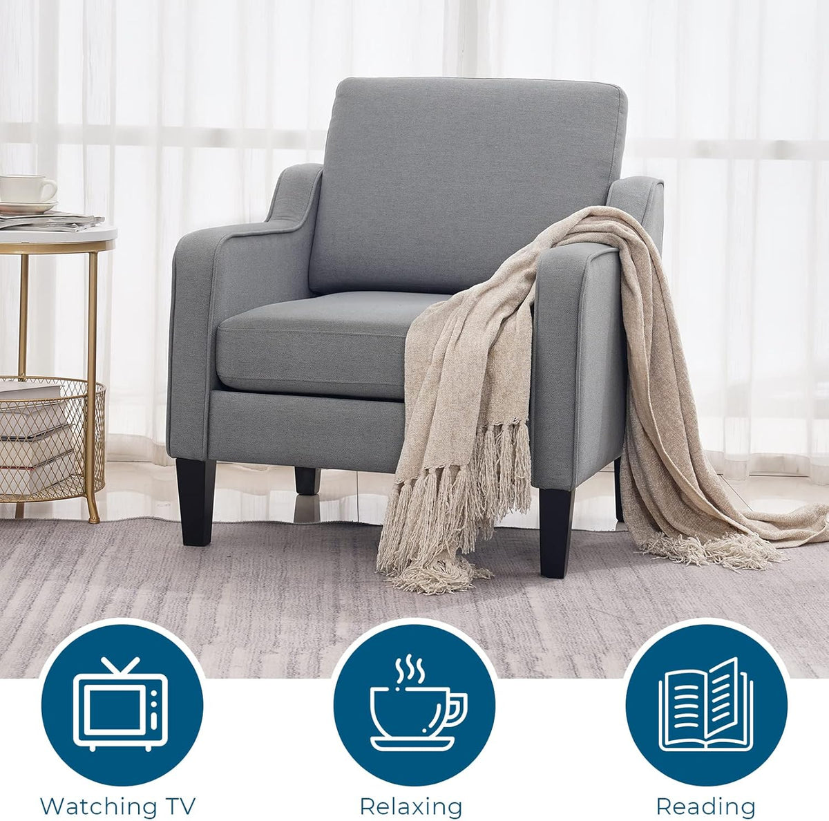 VINGLI Mid Century Modern Accent Chair, Light Grey Fabric Accent Chairs for Living Room Upholstered