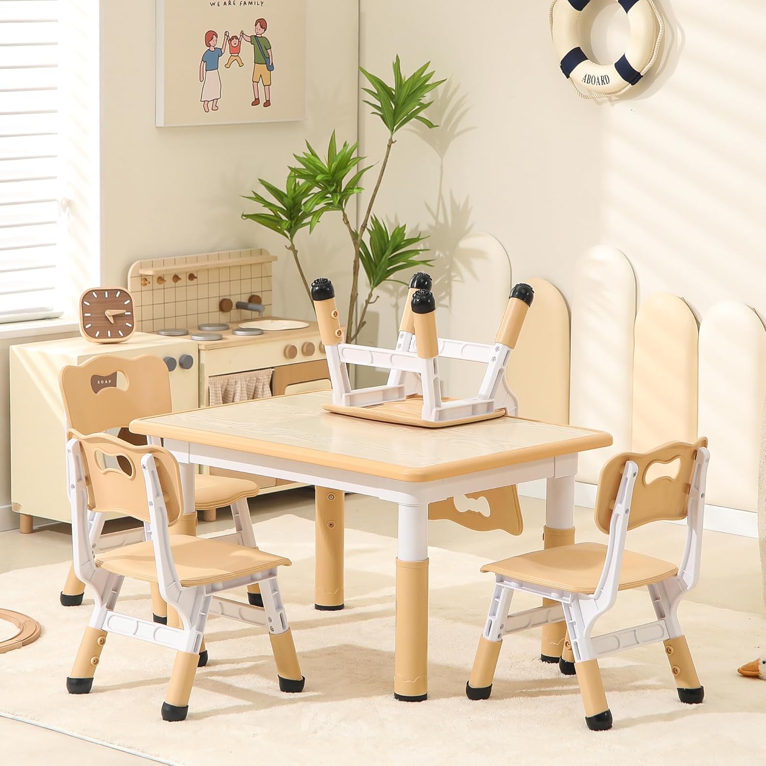 Height-Adjustable Kids Table and Chairs, 31.5''L x 23.6''W Toddler Table and 4 Chairs Set with