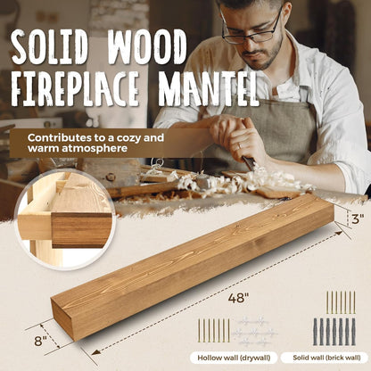 48x8x3 Fireplace Mantel - Handcrafted Hollow Rustic Solid Wood Wall Mounted Floating Shelf with