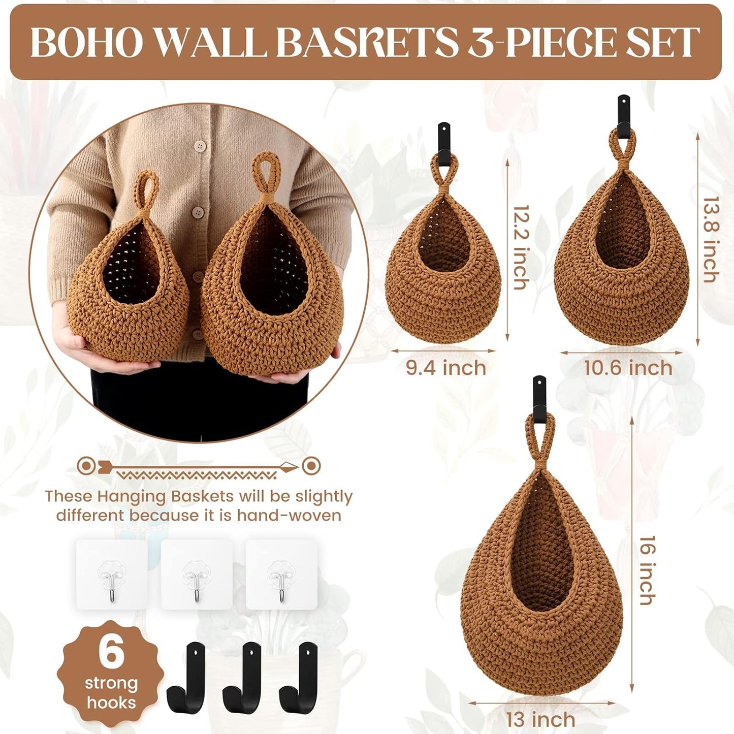 Hanging Fruit Baskets for Kitchen - 3 Pack Boho Wall Hanging Basket with 6 Pcs Strong Hooks