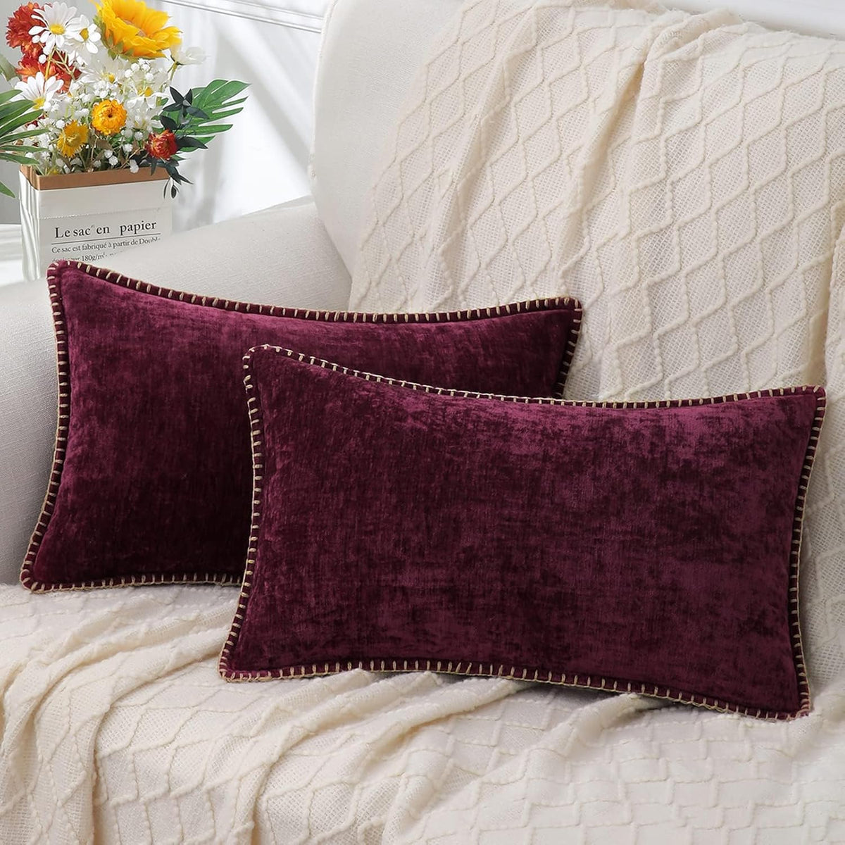 decorUhome Chenille Soft Throw Pillow Covers 12x20 Set of 2, Lumbar Velvet Farmhouse Neutral