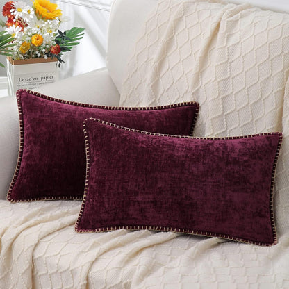 decorUhome Chenille Soft Throw Pillow Covers 12x20 Set of 2, Lumbar Velvet Farmhouse Neutral