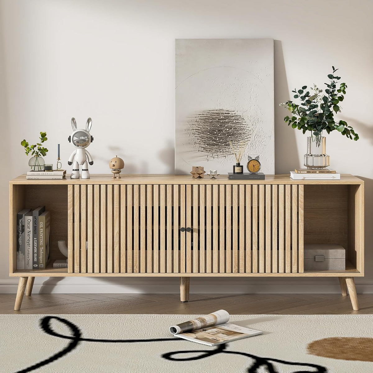 Mid Century Modern TV Stand for Televisions up to 70 Inches, with Sliding Doors and Storage