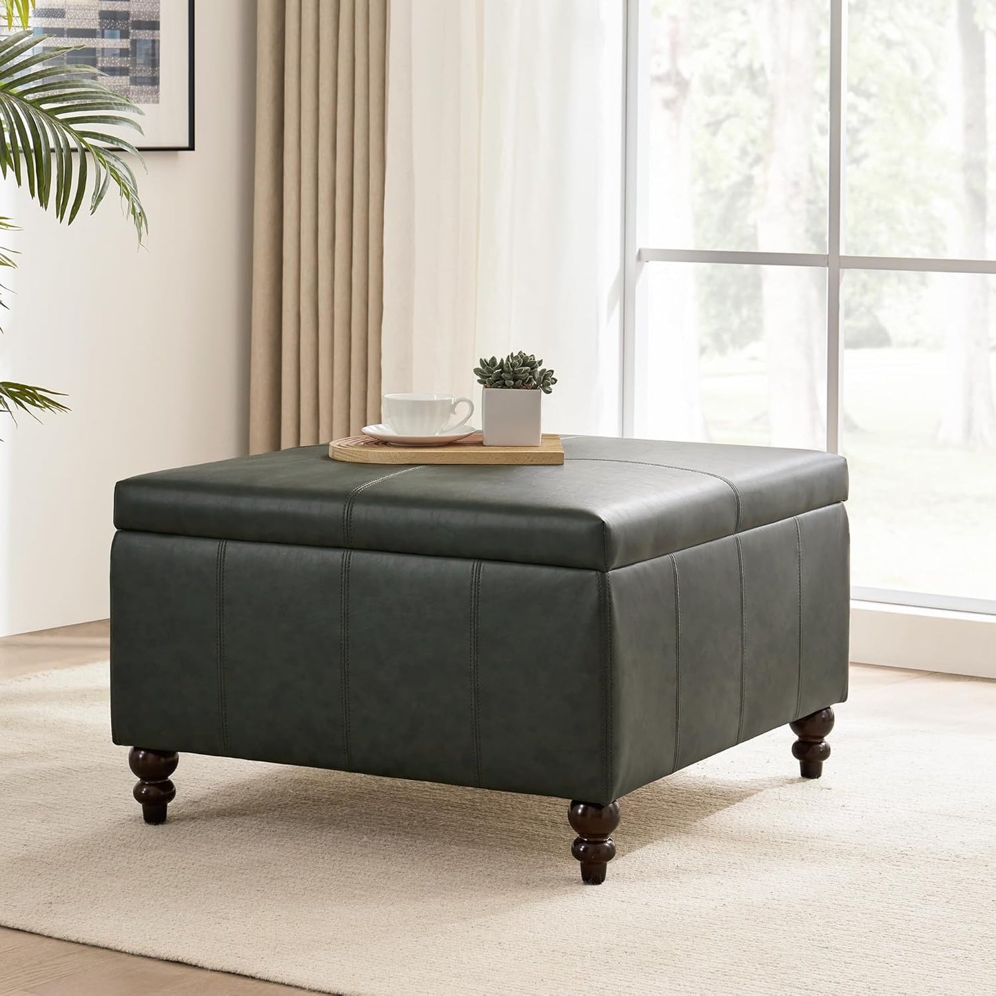 HUIMO Square Leather Storage Ottoman,Ottoman Coffee Table with Storage for Living Room