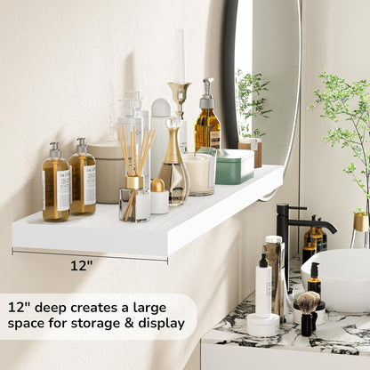 Fun Memories Floating Shelves - 2 Pack 12 Inch Rustic Wooden Wall Shelves - Extra Deeper & Thicker