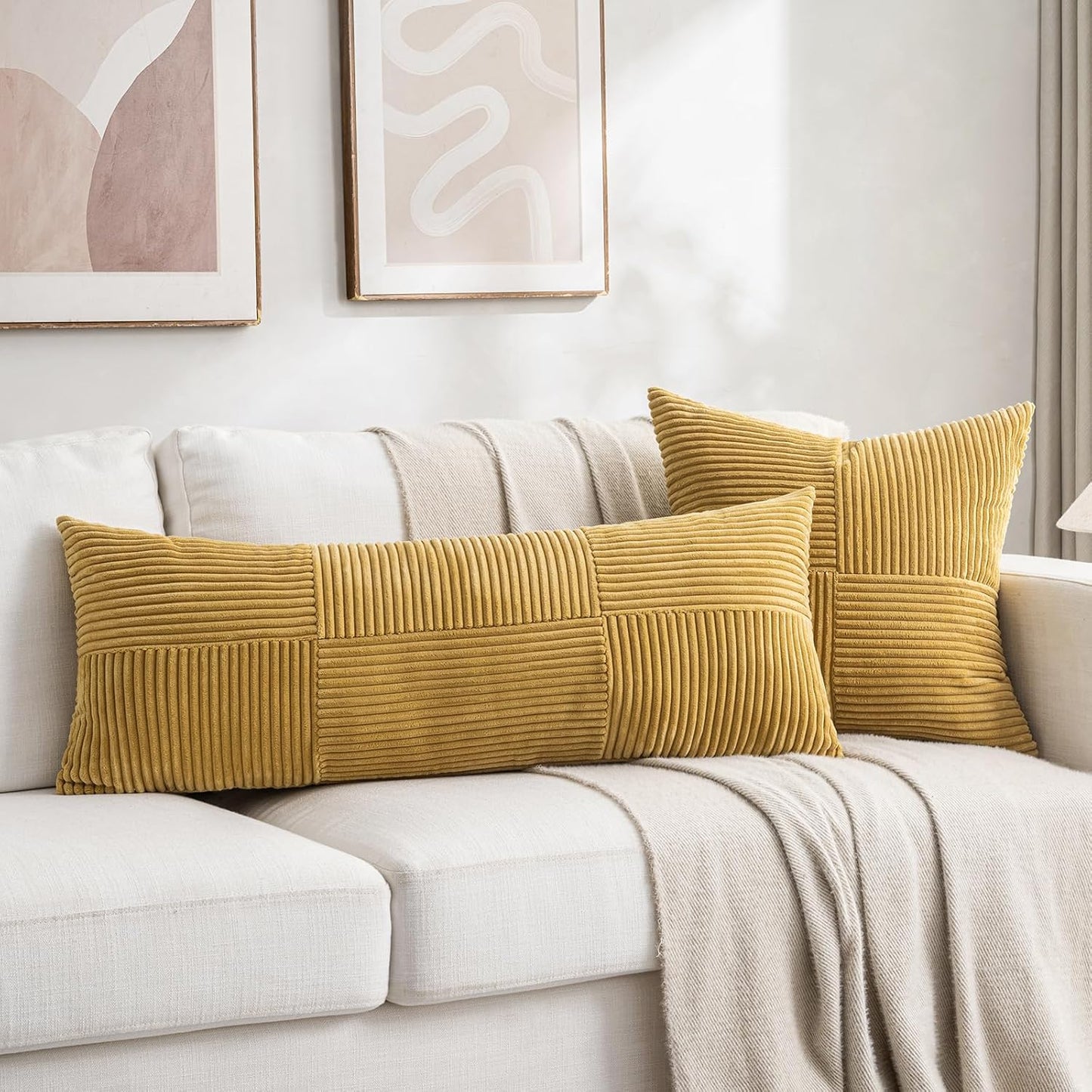 Fancy Homi Set of 2 Mustard Yellow Boho Long Lumbar Body Decorative Throw Pillow Cover 14x36 Inch