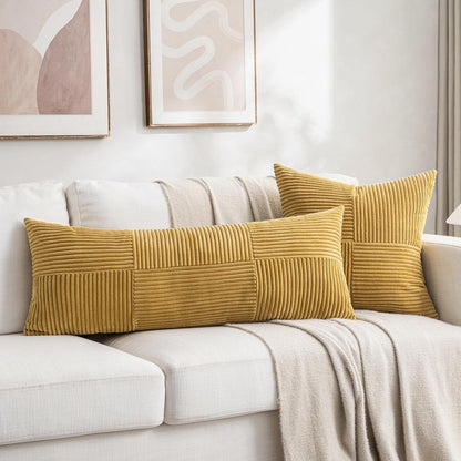 Fancy Homi Set of 2 Mustard Yellow Boho Long Lumbar Body Decorative Throw Pillow Cover 14x36 Inch