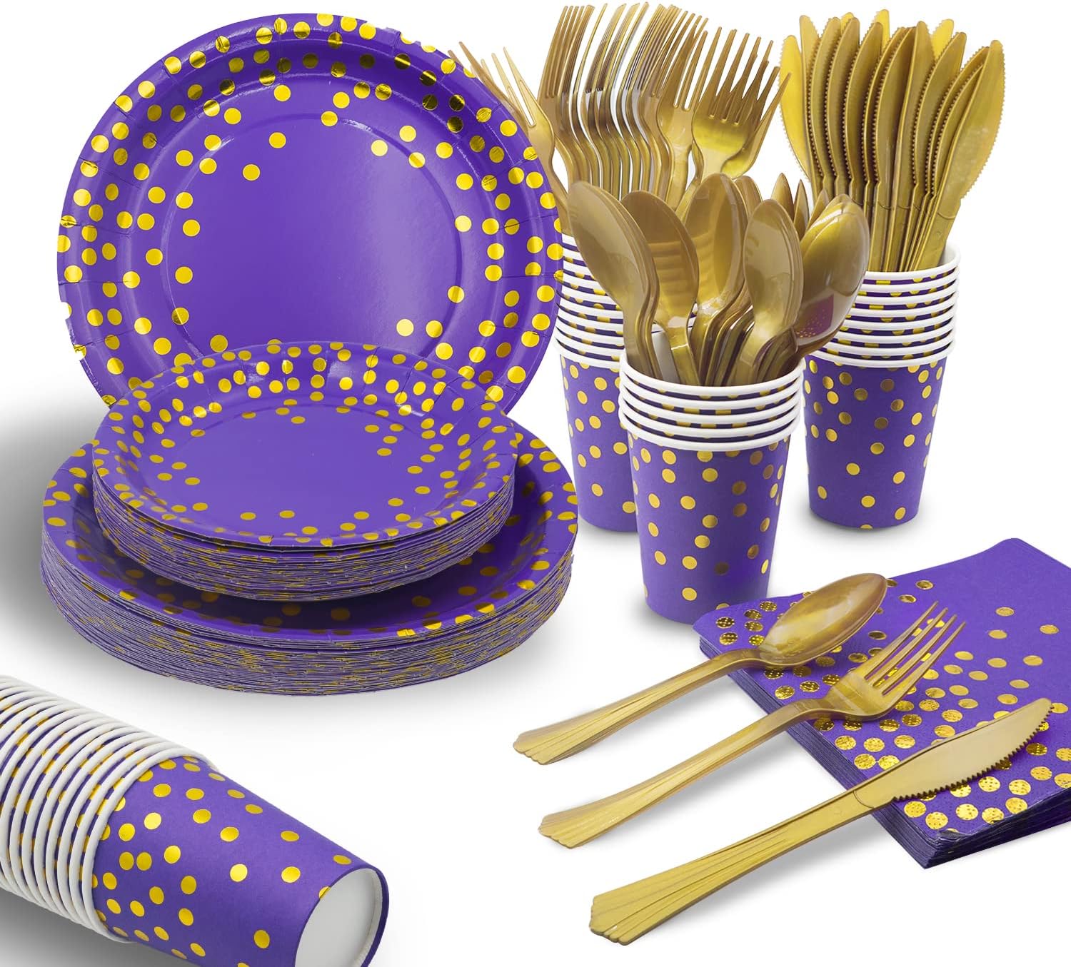 AIRE 175PCS Purple Gold Paper Plates Party Supplies for 25 Guests Party Decorations Disposable