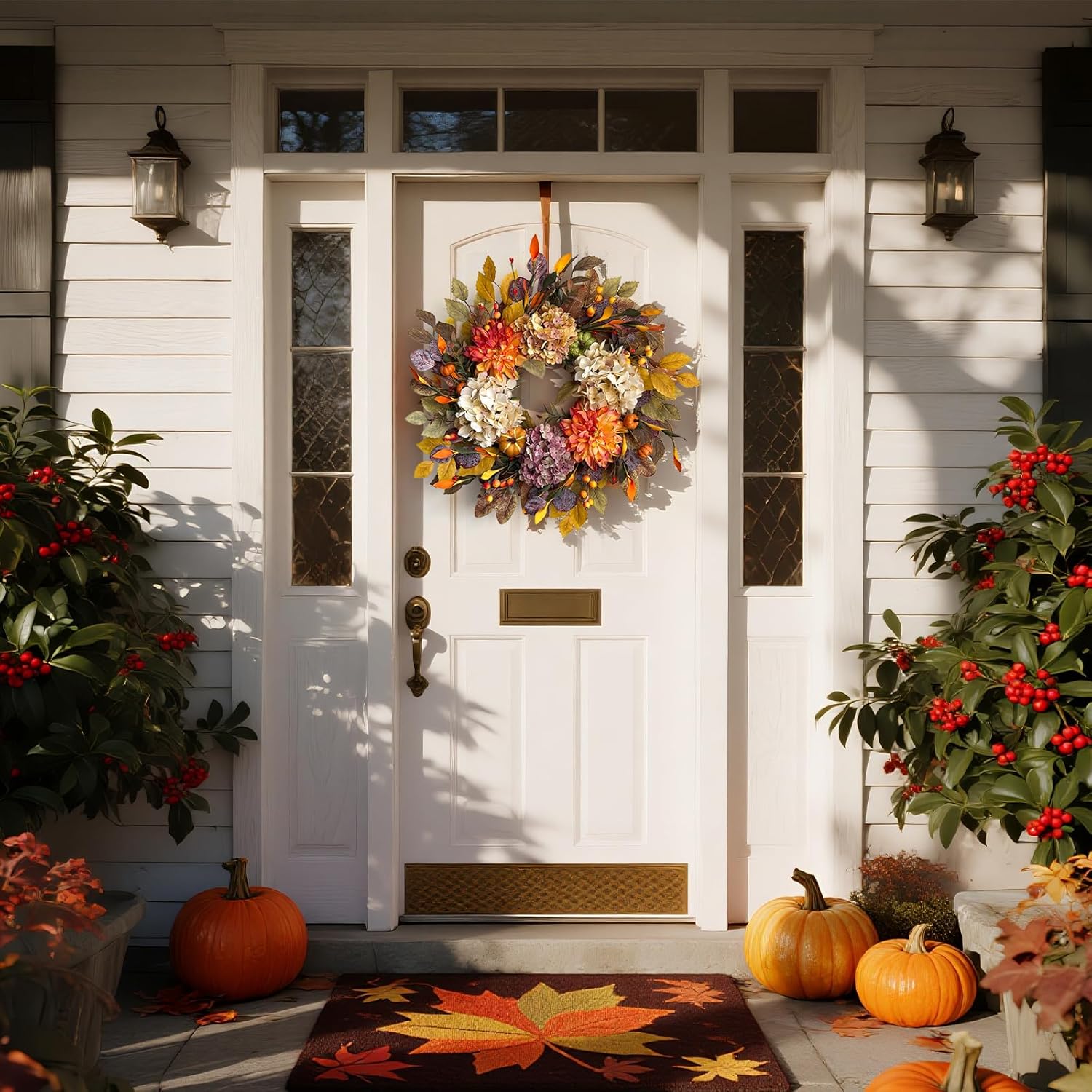 24Inch Fall Wreaths for Front Door,Fall Wreath with Beige Hydrangea,Orange Dahlia Artificial