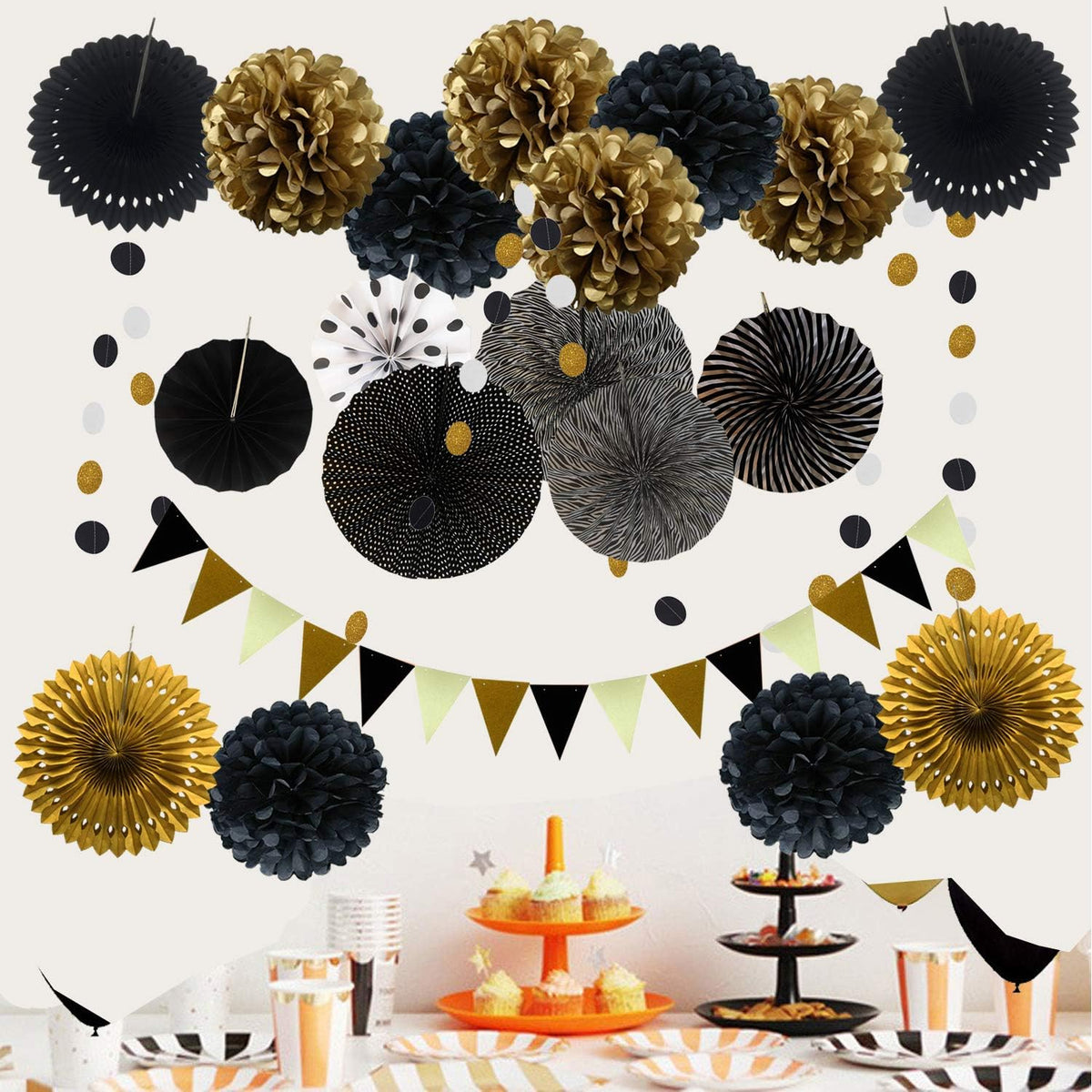 ZERODECO Party Decoration, 21 Pcs Black and Gold Hanging Paper Fans, Pom Poms Flowers, Garlands