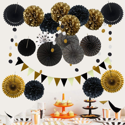 ZERODECO Party Decoration, 21 Pcs Black and Gold Hanging Paper Fans, Pom Poms Flowers, Garlands