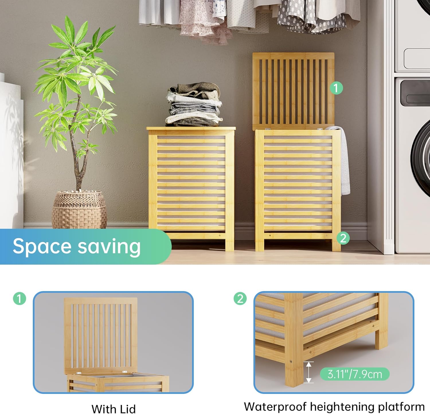 SMIBUY Double Laundry Hamper with Lid, 120L Bamboo Laundry Basket with Removable Liner Bag