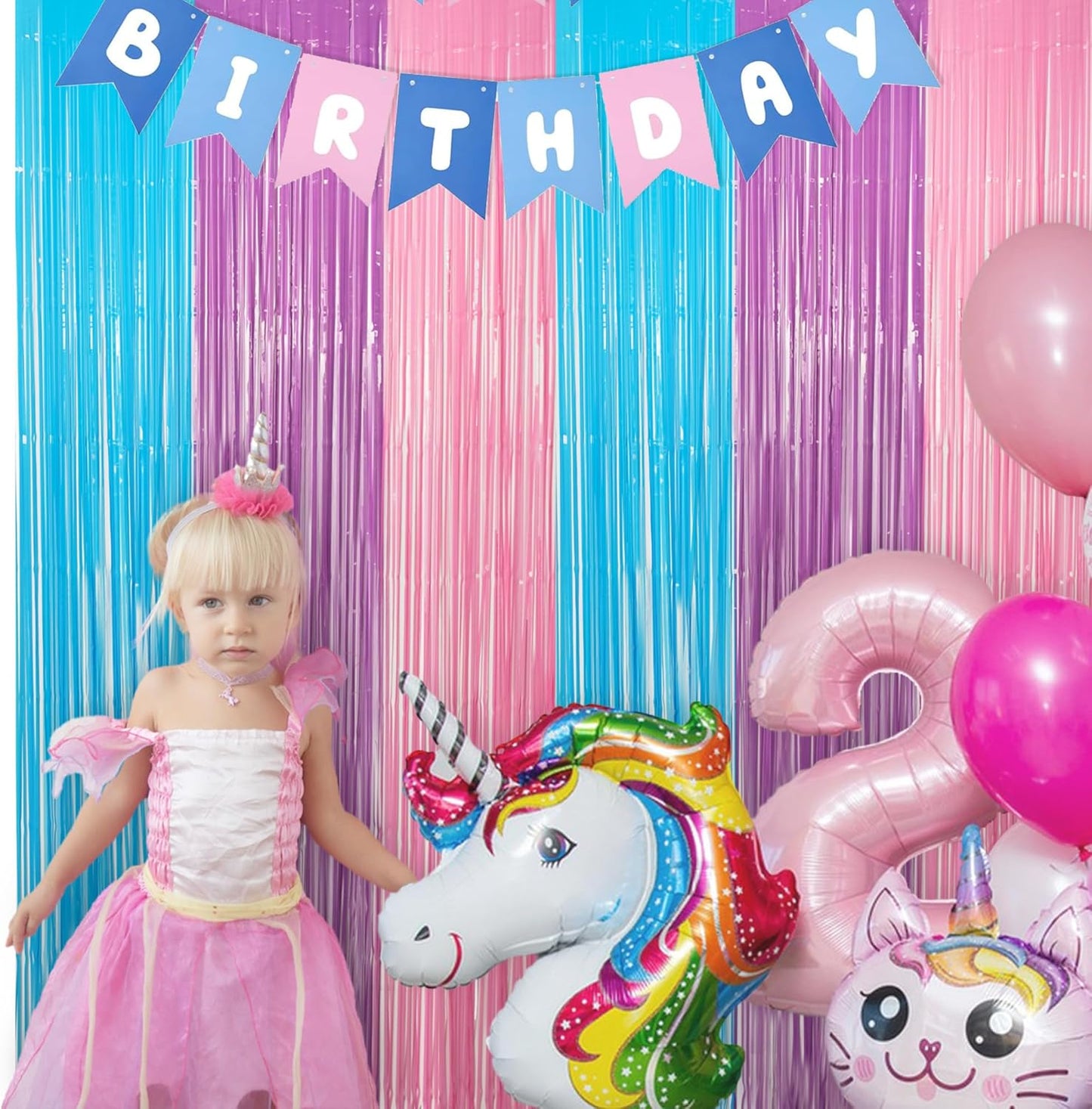 Blue Purple Pink Tinsel Backdrop - GREATRIL Pastel Foil Fringe Curtain Streamers for Pony Theme