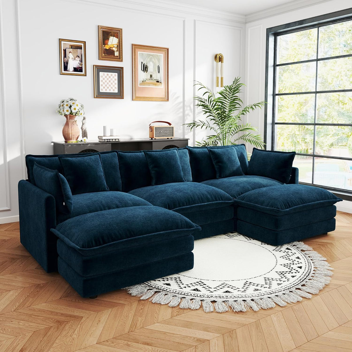 Sectional Sofa 3 Seater with Movable 2 Ottomans,Oversized Modular Couch Deep Seat (Blue, 111.5