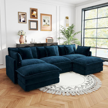 Sectional Sofa 3 Seater with Movable 2 Ottomans,Oversized Modular Couch Deep Seat (Blue, 111.5