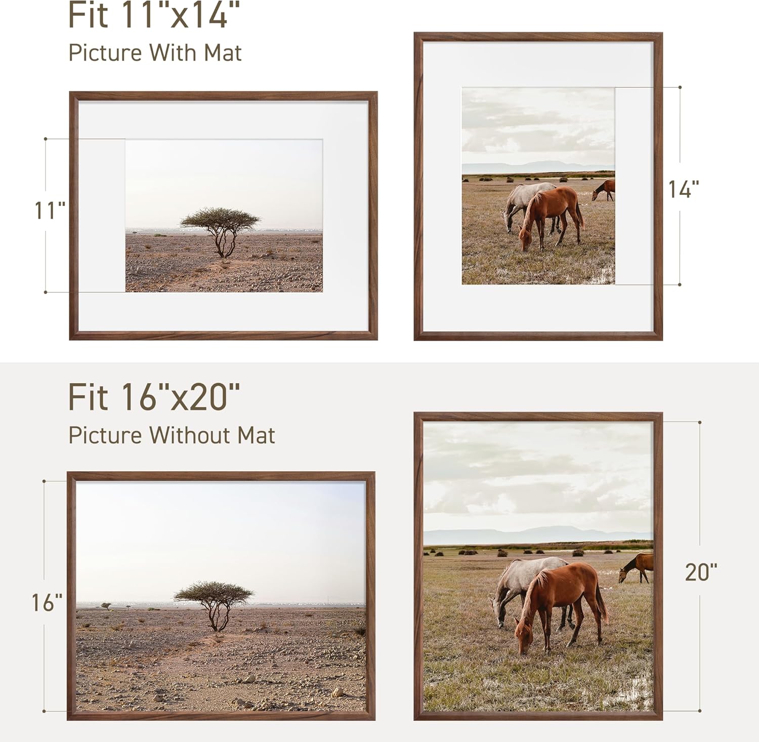 16x20 Picture Frame Set of 4 Natural Solid Walnut Photo Frames with 11x14 Removable Mat Wall
