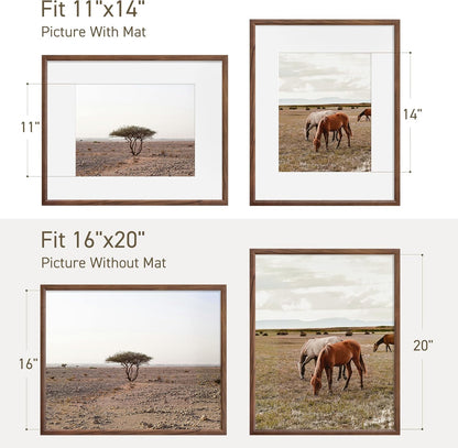 16x20 Picture Frame Set of 4 Natural Solid Walnut Photo Frames with 11x14 Removable Mat Wall