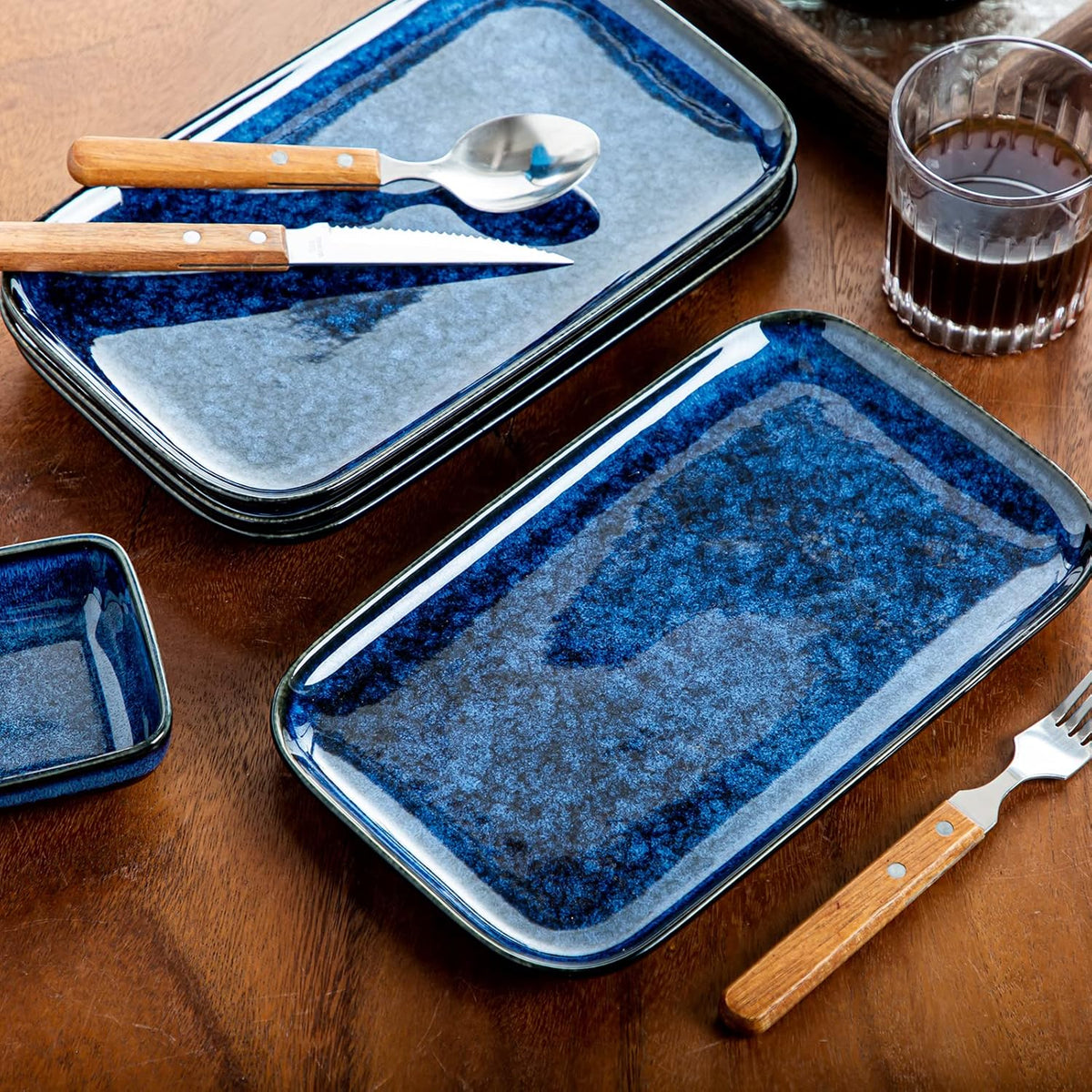 vancasso Stern Serving Platters Set of 4, 11 Inches Rectangular Ceramic Serving Plates, Blue