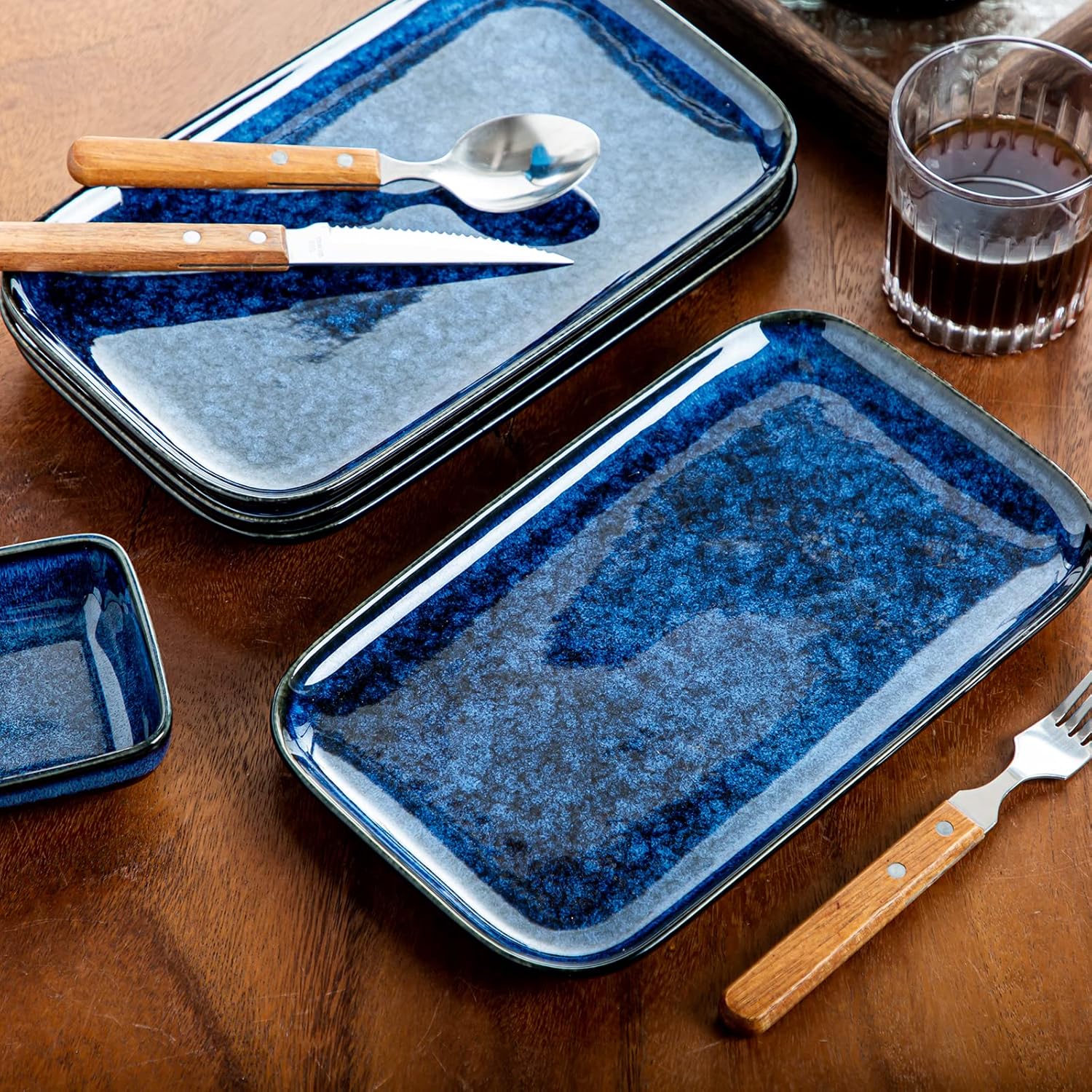 vancasso Stern Serving Platters Set of 4, 11 Inches Rectangular Ceramic Serving Plates, Blue