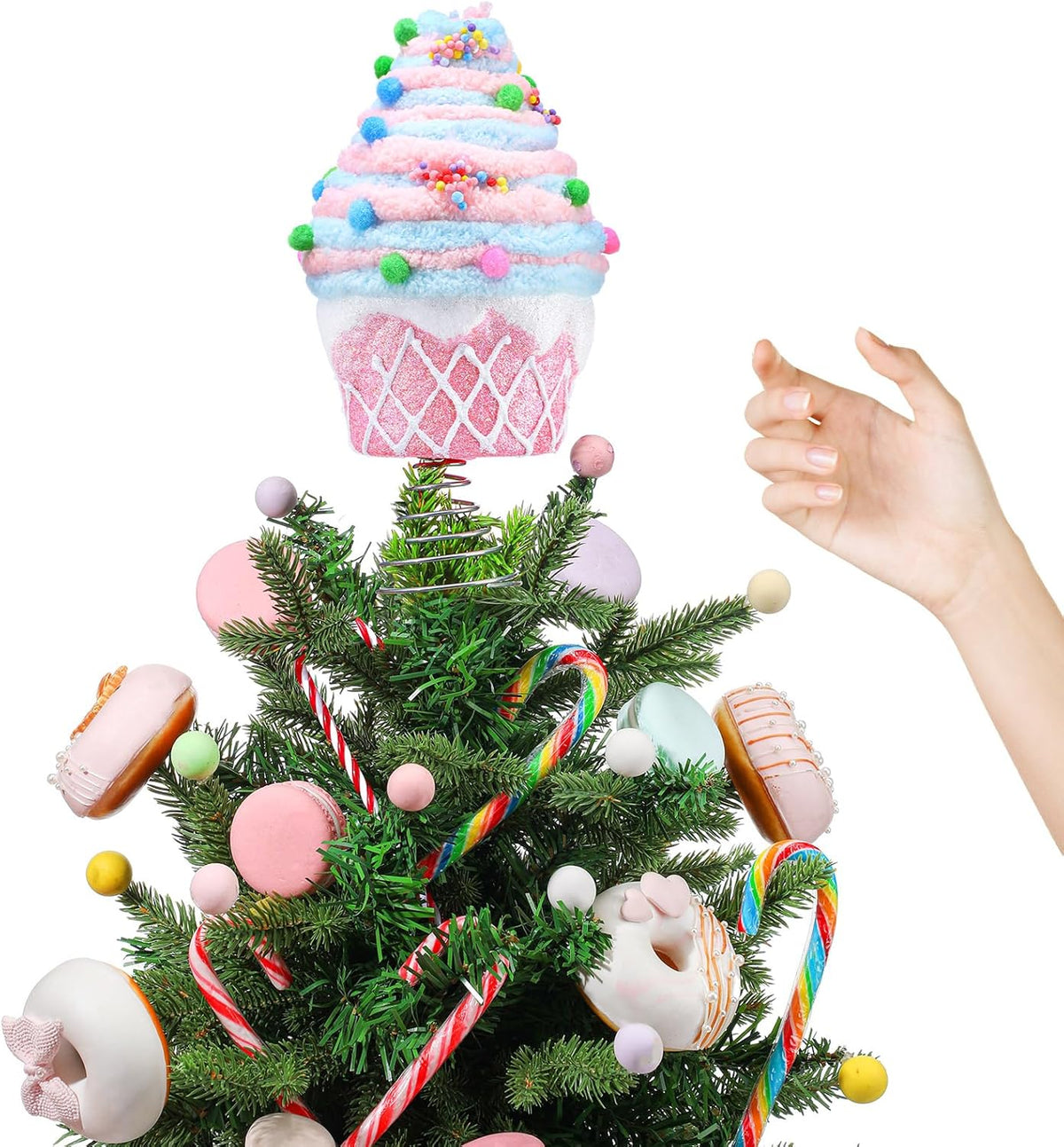 Retisee 7.9 Inch Pastel Dessert Christmas Tree Topper Pink Cupcake Tree Topper Candy Donut