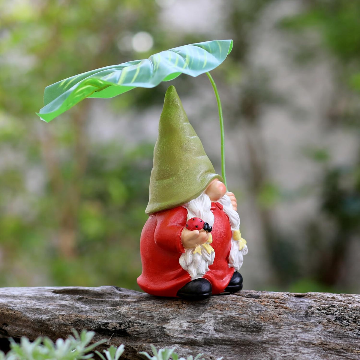 Garden Female Gnome Statue Decoration with Leaf Umbrella, 7.5” Figurine Ornament for Indoor Outdoor