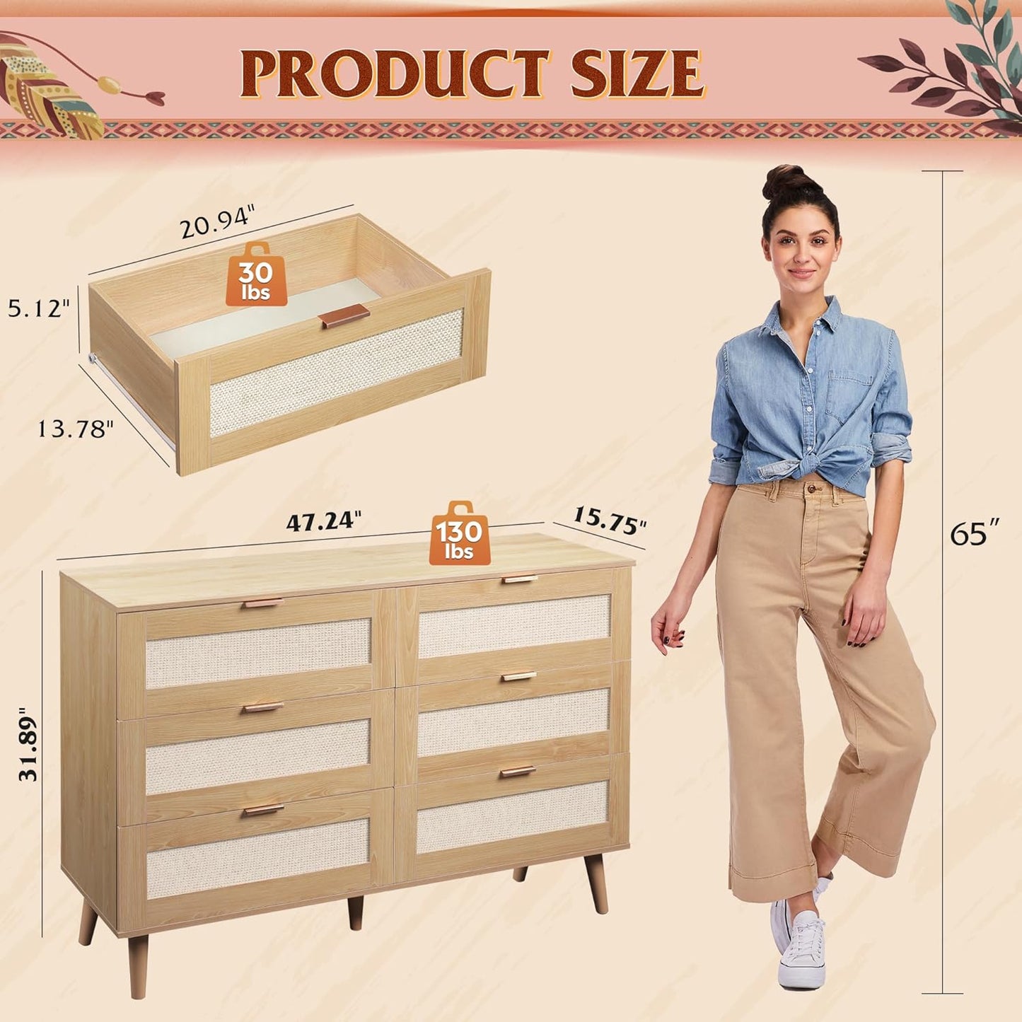WLIVE Rattan Dresser for Bedroom, 6 Drawer 47.24'' Wide Boho Wood Dresser, Chest of Drawers, Gold