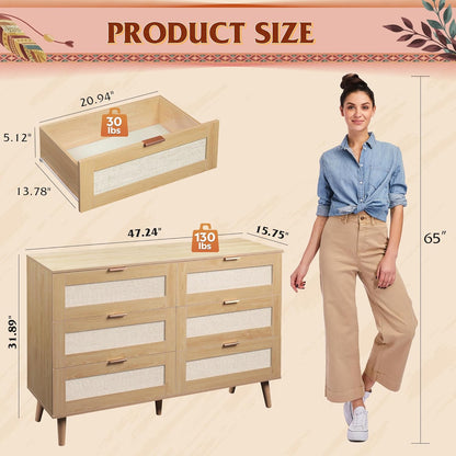 WLIVE Rattan Dresser for Bedroom, 6 Drawer 47.24'' Wide Boho Wood Dresser, Chest of Drawers, Gold
