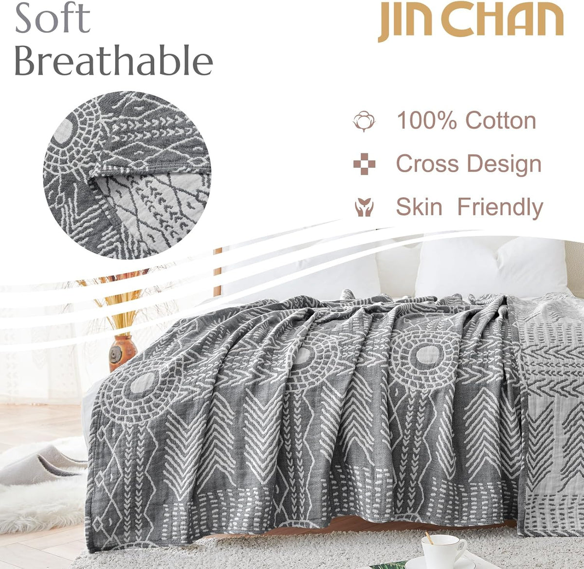 JINCHAN Boho 100% Cotton Muslin Blanket 3-Layer Twin Size Geometric Lightweight Reversible Soft