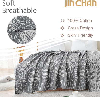 jinchan Boho 100% Cotton Muslin 50x60 Throw Blanket Lightweight 3 Layer Grey Blanket Washable