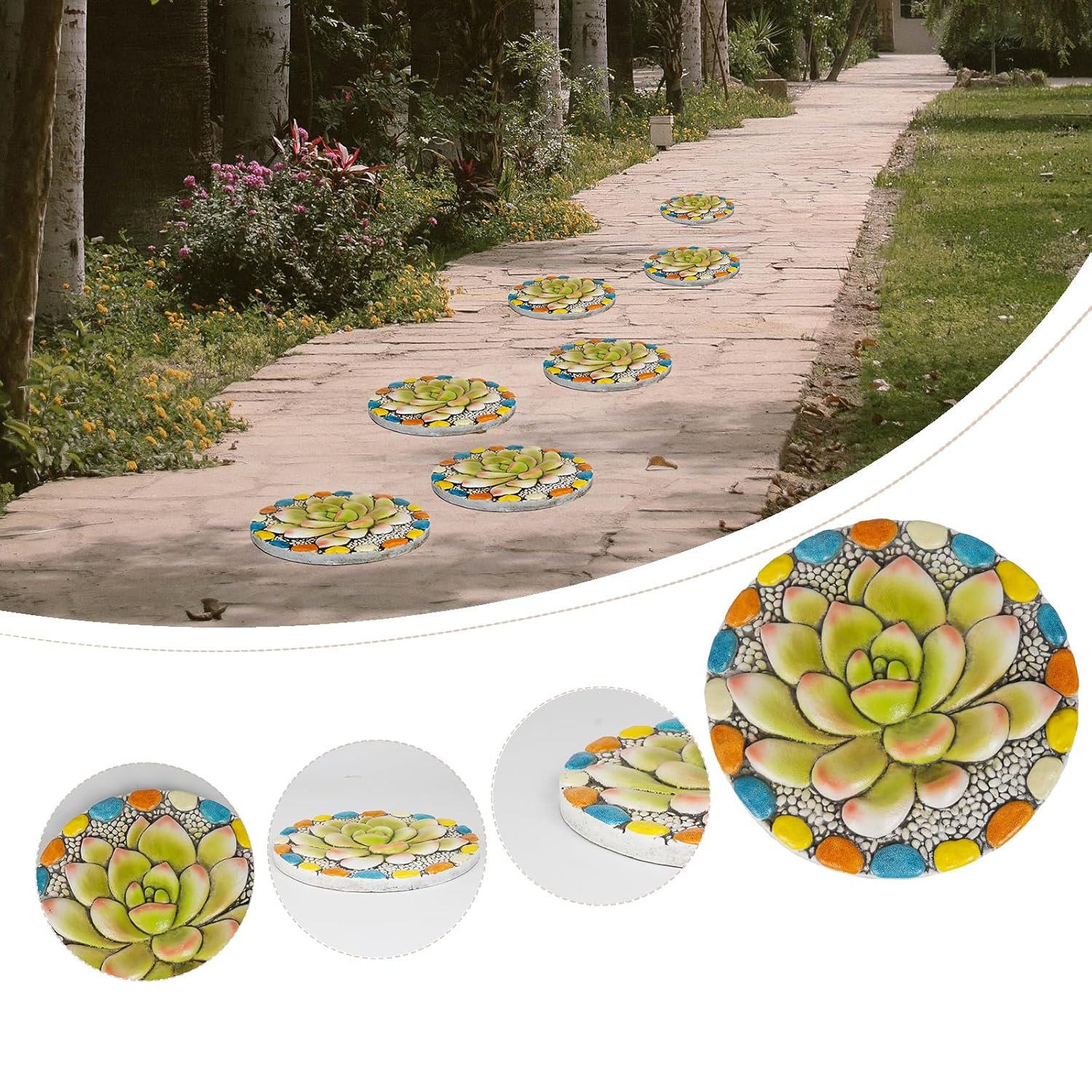 Succulent Pattern Cement Stepping Stones - Outdoor Pavers for Walkway, Multicolored Decorative