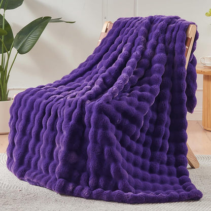 NEWCOSPLAY Faux Fur Throw Blanket Purple Bubble Blanket Thick Warm Soft for Couch Sofa Bed 550GSM