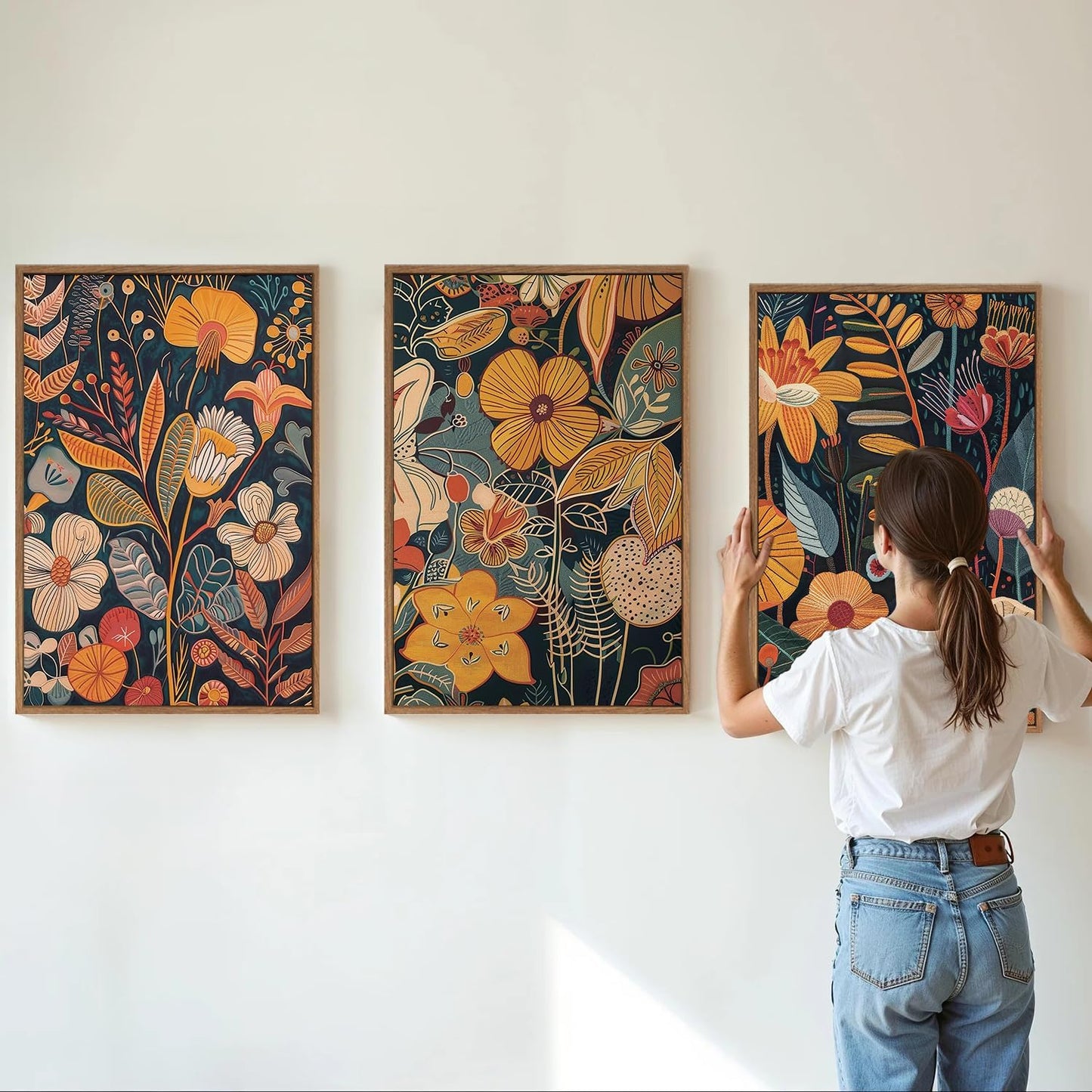 SIGNINART Boho Botanical Framed Canvas Wall Art Set of 3, Mid Century Modern Wall Decor, Burnt
