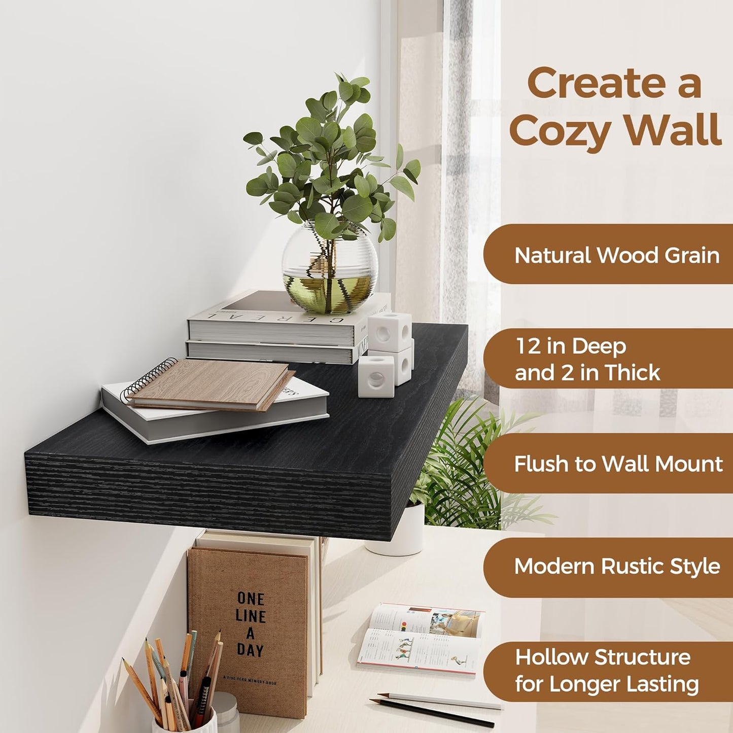 12 Inch Deep Black Floating Shelves, 24 x 12 Floating Shelf for Books, Rustic Wood Deep Wall
