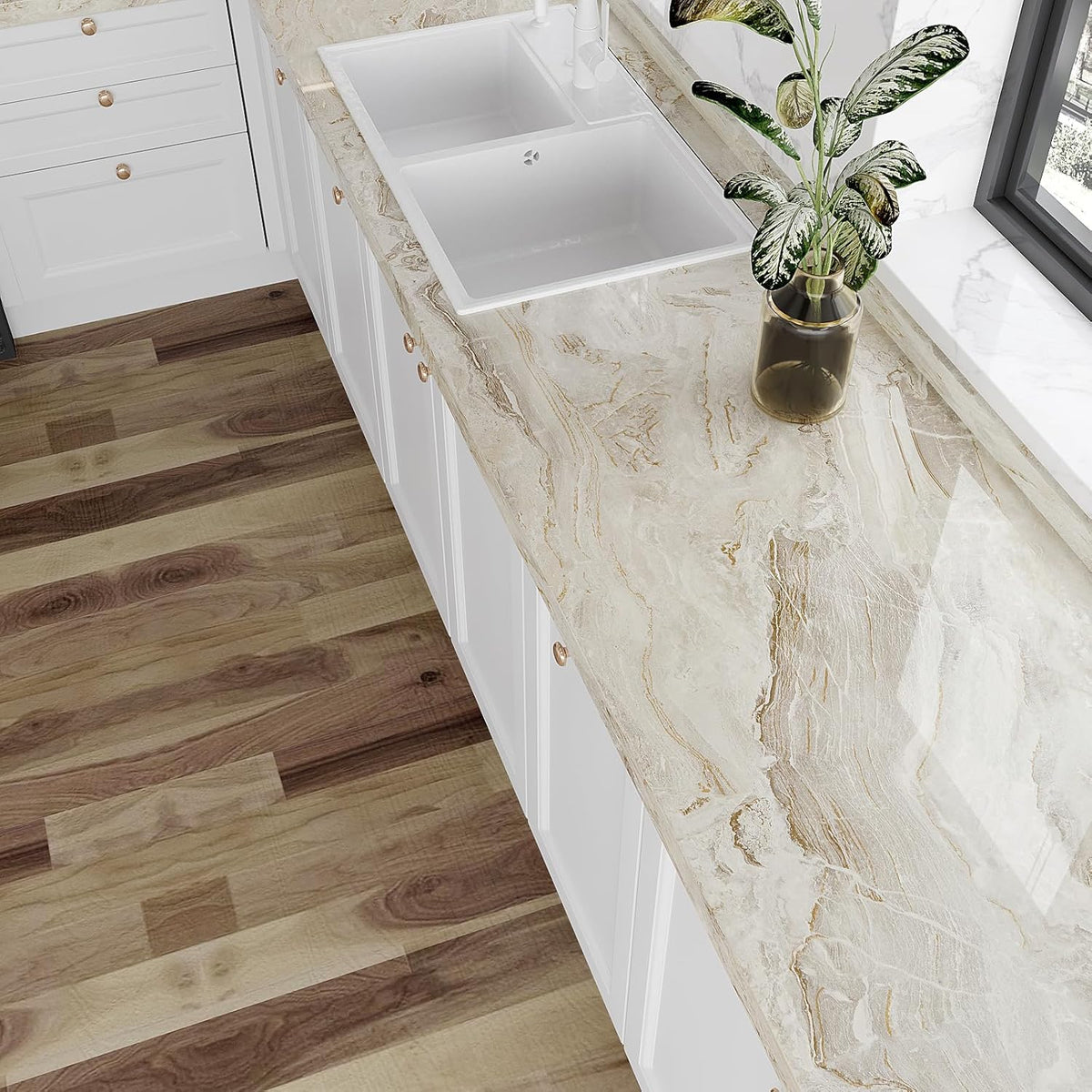 VEELIKE Glossy Beige Gold Marble Contact Paper for Countertops 24''x118'' Wide Peel and Stick