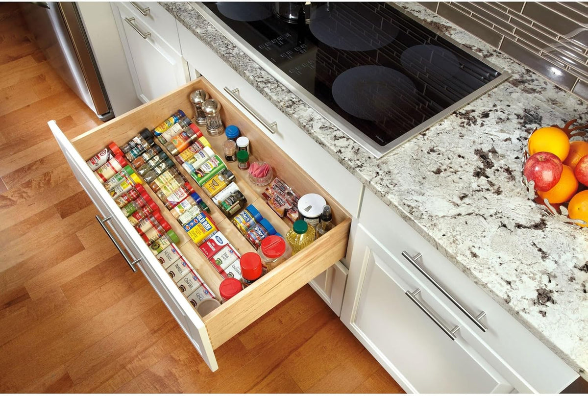 Rev-A-Shelf 22" 3 Tiered Seasoning Organizer, Trim-to-Fit Wooden Kitchen Draw and Cabinet Home