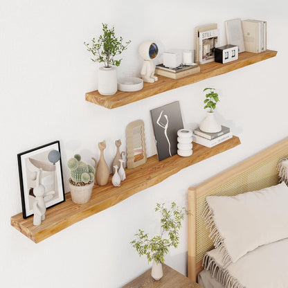 Axeman 55 inch Floating Shelves for Wall - 8'' D Live Edge Rustic Solid Elm Wood Floating Shelves