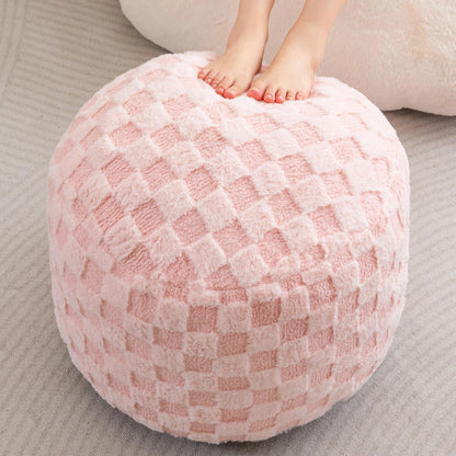 HIGOGOGO Round Stuffed Pouf Ottoman, Plaid Poufs with Foam Chunk Filling, Fluffy and Furry Pouf