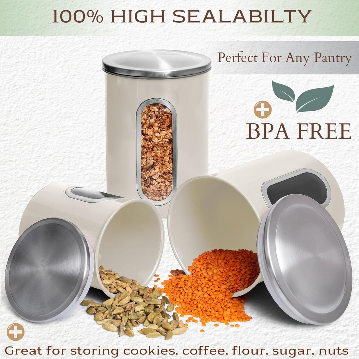 Moss & Stone 3-Piece Beige Canisters Sets For The Kitchen, Airtight Canister Set With See Through