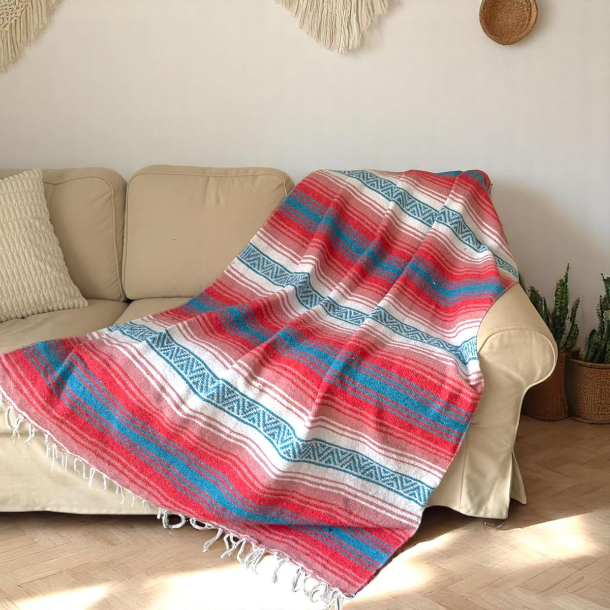 Traditional Handwoven Mexican Blanket, Large Falsa Serape - Soft & Durable - Vibrant Beach, Picnic