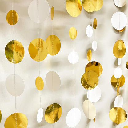 46 Feet White and Gold Circle Dots Garland Hanging Paper Polka Dots Streamer for Birthday