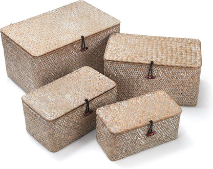 Wicker Basket with Lid, Seagrass Storage Basket, Woven Decorative Storage Baskets for Shelf