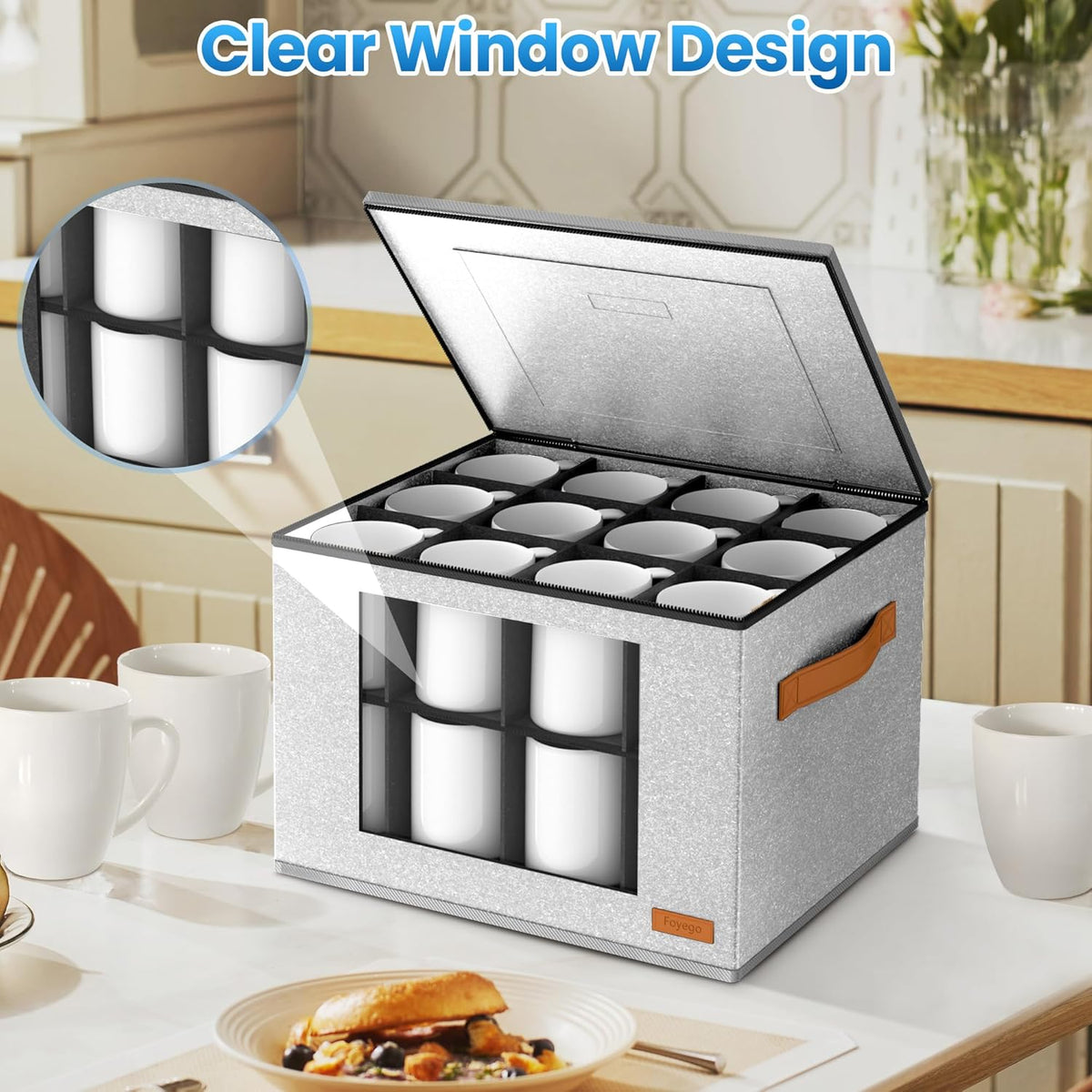 2-Layer Coffee Mug Storage Box with Dividers, Cup Storage Organizer with Zipper Lid and Handles