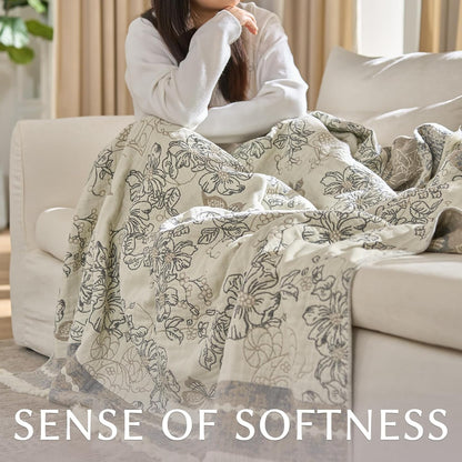 jinchan Boho Floral 100% Cotton Blanket 4-Layer Throw Blanket with Tassel Grey and White Flower