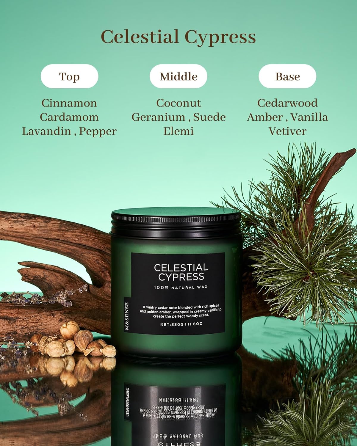 M&SENSE Celestial Cypress - Cedarwood Spice Scent Natural Soy Wax Highly Scented Candle, 11.6oz 2